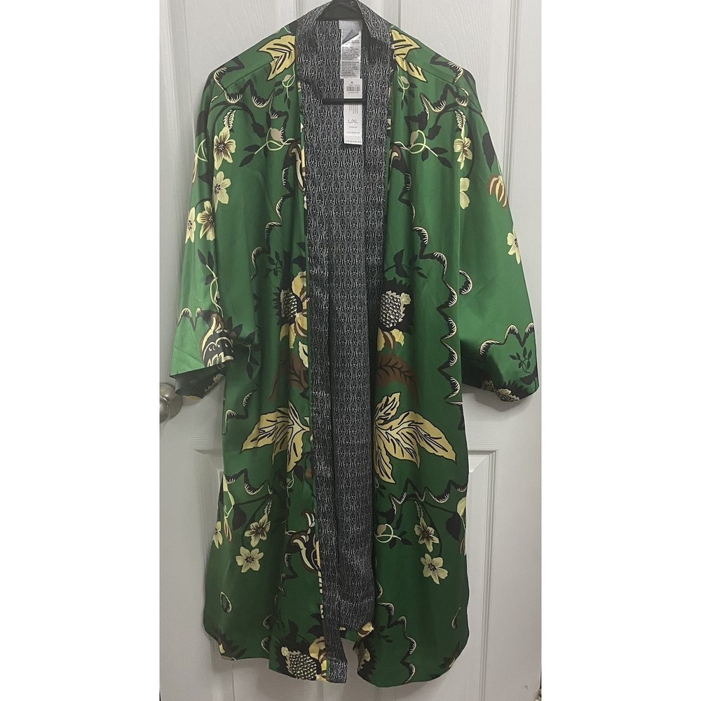 Chico's Women's Silky Green&Black Print Floral Oriental Kimono Jacket L/XL NWT